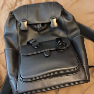 Coach Black Leather Men's Backpack with Front Pocket